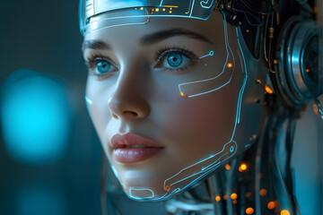 A woman with blue eyes and a face made of wires and circuits