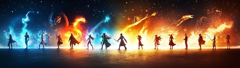 Silhouettes of people standing in a field of fire and ice.