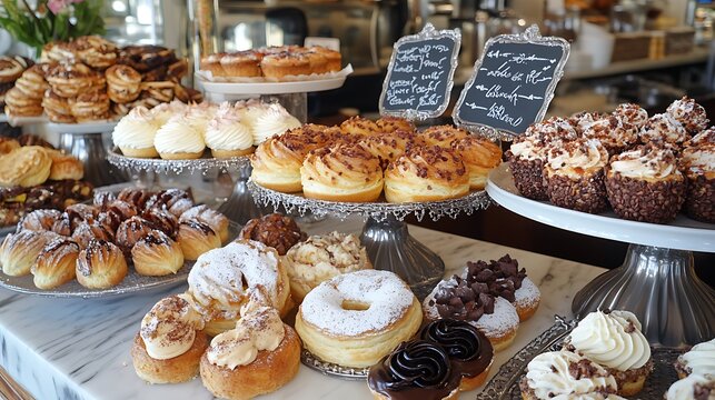 A bakery counter filled with pastries and coffee, with notes of flavor descriptions written in chalk, highlighting the sensory delights of each item 