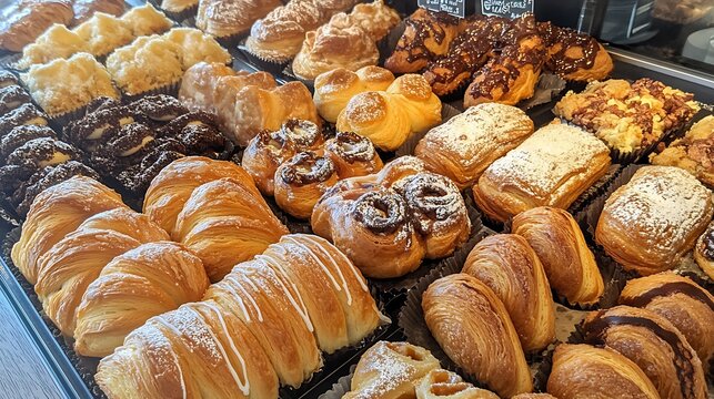 A bakery counter filled with pastries and coffee, with notes of flavor descriptions written in chalk, highlighting the sensory delights of each item 