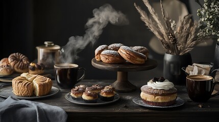 Fototapeta premium An elegant presentation of bakery goods paired with steaming cups of coffee, arranged on a dark wooden table with mood lighting and natural decor 
