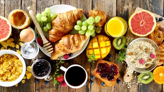 breakfast with coffee cup, croissant, cereal, fruit and toast