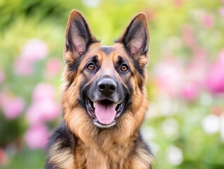 Fototapeta premium a German Shepherd dog with a happy expression. The dog has a classic German Shepherd appearance with a black and tan coat, erect ears, and a long muzzle. Its mouth is open, and it appears to be pantin