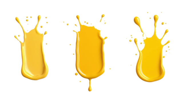 Bright yellow paint splashes displaying dynamic motion and fluidity against a clean white background during an artistic project