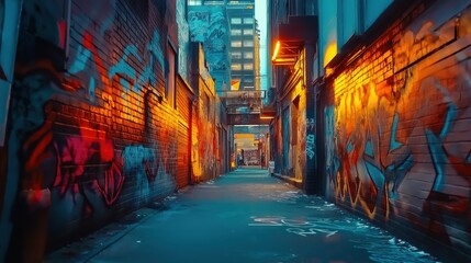 Fototapeta premium Exploring a Vibrant Graffiti Alleyway Highlighted by Dramatic Urban Lighting at Twilight