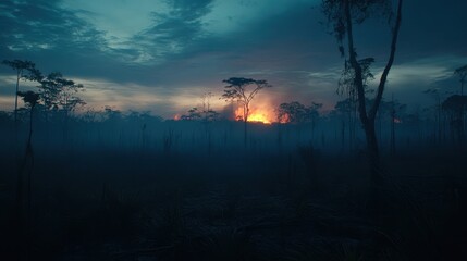 Fototapeta premium a misty forest scene at either dawn or dusk. The sky is a mix of dark blue and gray clouds, with a bright, warm glow on the horizon, suggesting the sun is either rising or setting