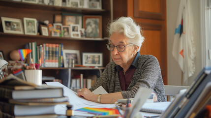 An elderly lesbian judge diligently reviews legal cases at her desk in a comfortable home office filled with law books and cherished family photographs, showcasing her professional dignity