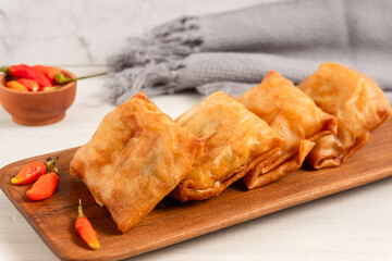 Martabak Tahu or Tofu Spring Rolls. Is traditional snacks in Indonesia.perfect for recipe, article, catalogue, or any commercial purposes. with copy space.