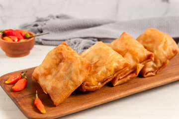 Martabak Tahu or Tofu Spring Rolls. Is traditional snacks in Indonesia.perfect for recipe, article, catalogue, or any commercial purposes. with copy space.
