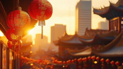 Golden Hour View of Cultural Lanterns Illuminating a City Landmark in Vibrant Downtown Area