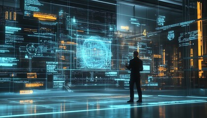 Obraz premium Man Interacting With Futuristic Holographic Data Display