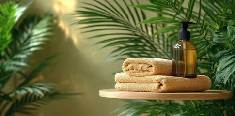 Elegant Liquid Soap Bottle and Towels with Lush Green Leaves in Sunlight