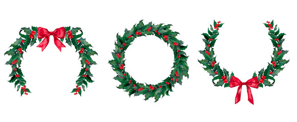 christmas decorations wreath with holly and berries, red bow ribbon, hand drawn on transparent background.