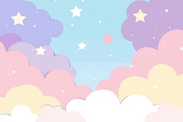 Obraz premium an illustration of a dreamy, pastel-colored sky. It features fluffy clouds in shades of pink, purple, yellow, and white. The background is a light blue sky with small white stars scattered throughout