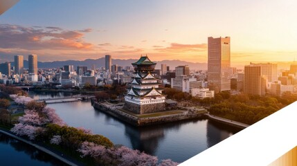 Obraz premium Japan Travel Landscape. A stunning view of a castle surrounded by water and city skyline during sunset, framed by cherry blossoms in the foreground.