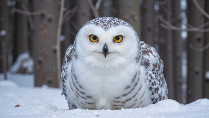 Obraz premium Snowy owl perched on snow in winter woods