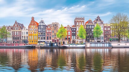 Fototapeta premium Colorful Houses Reflecting on Calm Canal in Amsterdam