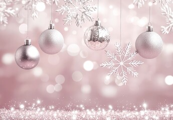 Elegant silver Christmas ornaments hanging against a soft pink bokeh background with snowflakes. Perfect for holiday cards, websites, or festive designs.