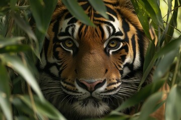 a close-up of a tiger's face peering through dense green foliage. The tiger's striking orange and black striped fur is clearly visible, and its intense eyes are focused forward