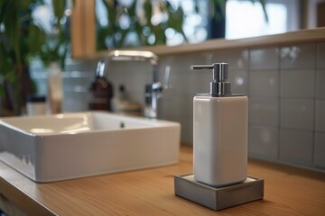 White soap dispenser standing on wooden countertop in modern bathroom with chrome faucet and white sink