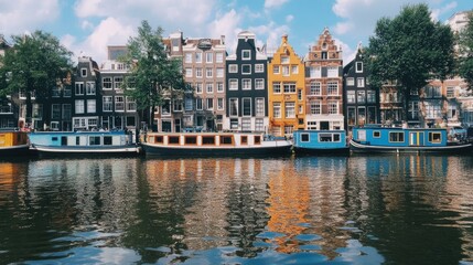 Waterfront View of Colorful Buildings and Canal Boats in Amsterdam