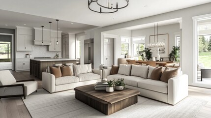 A large living room with a white couch, a coffee table, and a potted plant