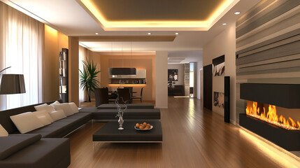 Modern Living Room With Elegant Interior And Fireplace. The stylish space exudes warmth, comfort, and sophistication, perfect for a contemporary home environment.