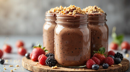 Decadent chocolate smoothies with crunchy toppings and fresh berries - perfect for healthy dessert blogs, recipe websites, or nutrition-focused social media content