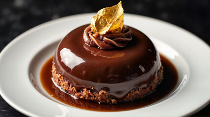 Luxurious chocolate mousse cake with golden leaf - perfect for dessert blogs, patisserie websites, gourmet cookbooks, and fine dining presentation inspiration