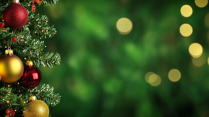Obraz premium Festive Christmas tree adorned with classic red ornaments against a vibrant green backdrop, illuminated by soft, twinkling lights. Perfect for holiday banners, greeting cards, and seasonal marketing m