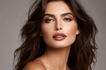 A woman with long brown hair and a greenish-brown eye shadow
