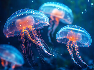 Fototapeta premium a jellyfish in motion underwater. The jellyfish has trailing tentacles and a vibrant red bell.
