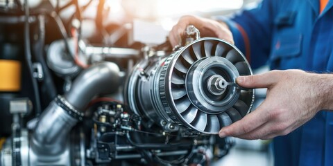 A technician works on an aircraft engine component, showcasing precision in mechanical maintenance and repair.