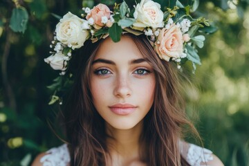Naklejka premium a young woman with long, brown hair and a serene expression. She is wearing a floral crown made of various flowers, including white and peach-colored roses, along with green leaves.
