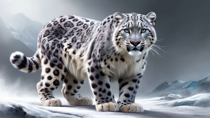 Digital rendering image of a snow leopard in a mountain environment with realistic fur texture. Ai image generated. 