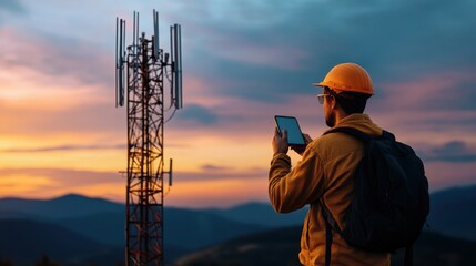 Worker Monitoring 5G Cell Tower at Sunset