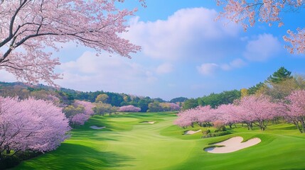 An elegant golf course surrounded by cherry blossom trees in spring, Golf clubs set amidst blooming sakura, Sakura elegance style