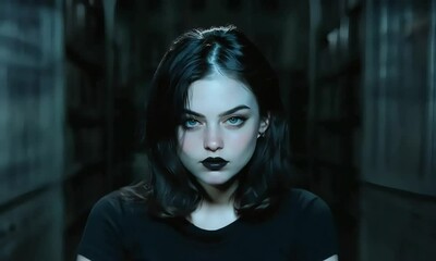 A portrait of a mysterious woman. Close-up portrait of a young woman with dark hair and intense blue eyes, wearing dark makeup.