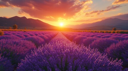 Vibrant sunset over a vast lavender field.