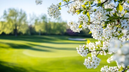 An elegant golf course surrounded by spring blossoms, Golf clubs set for a round, Blossom elegance style