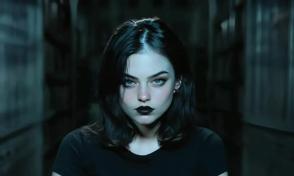 A portrait of a mysterious woman. Close-up portrait of a young woman with dark hair and intense blue eyes, wearing dark makeup.