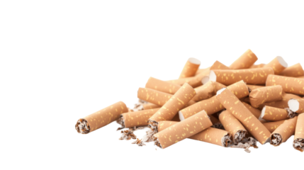 A pile of discarded cigarette butts scattered on a white background highlighting the impact of smoking on the environment