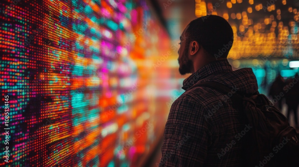 Poster a man is looking at a colorful display on a wall