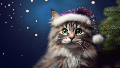 Cute fluffy cat in a festive hat on a bright background, Christmas concept
