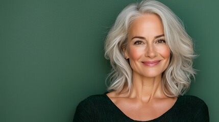 The portrait captures a beautiful middle aged woman exuding confidence and warmth as she stands against a vibrant green background, smiling radiantly at the camera