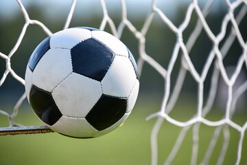 Fototapeta premium Soccer Ball in the Goal Net - Thrilling Match Moment