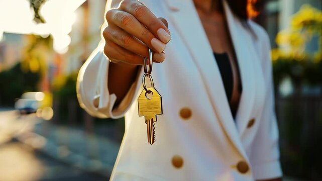 Woman real estate agent handing home key outdoors in sunlight. House or apartment purchase, rent