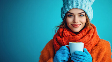 A cheerful young woman in vibrant winter attire holds a warm coffee cup, ideal for cozy holiday promotions or wellness campaigns in winter seasons.