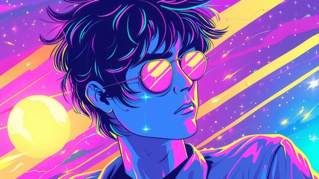 A stylish young man with sunglasses contemplates a vibrant cosmic landscape - Powered by Adobe