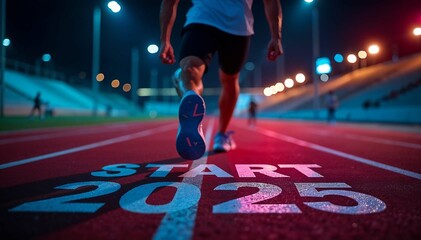 Happy New Year 2025. Close-Up of Athlete Starting Fitness Journey on Running Track with 'START 2025' Text, Embracing Healthy Lifestyle and Gym Workout